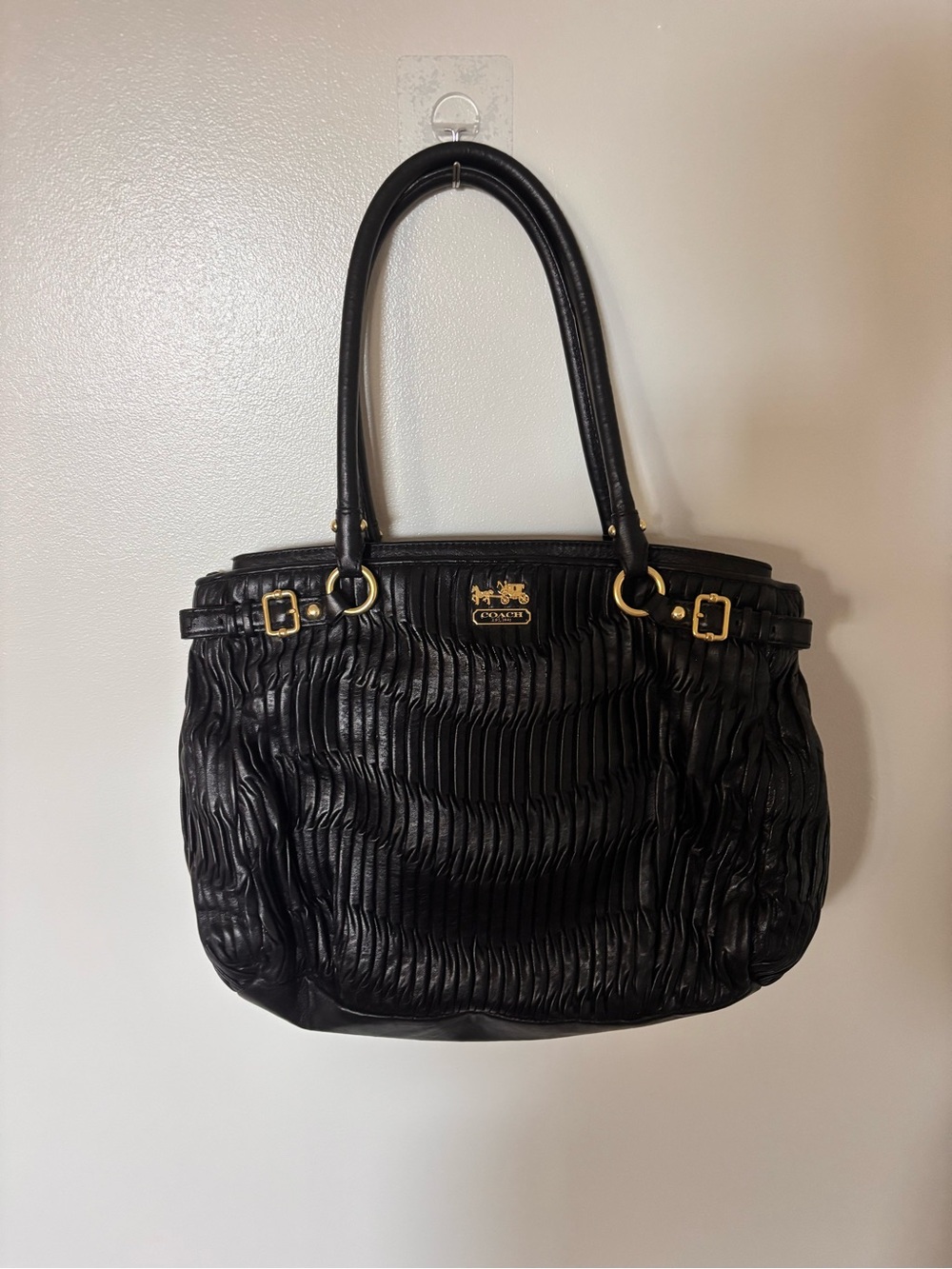 Coach 1941 Black Leather Pleated shoulder Bag with Gold Hardware